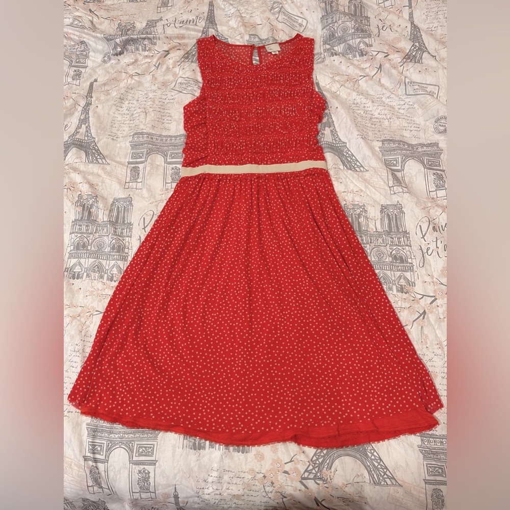 ANTHROPOLOGIE Postmark Orange and Beige Swiss Dots Dress Size Small